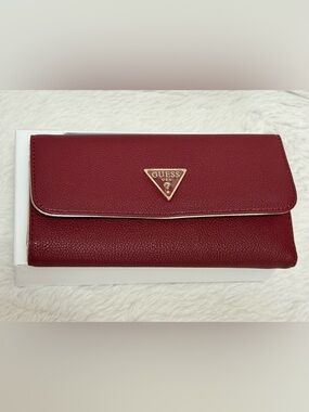 NWT GUESS Burgundy Wallet with Gold Triangle Logo